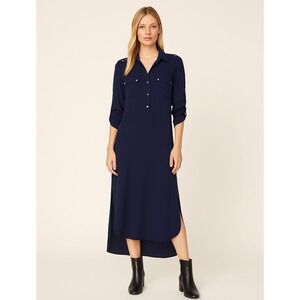 BCBGMAXAZRIA Dania‎ Dark Navy Long Sleeve Shirt Dress XXS High Low Hem